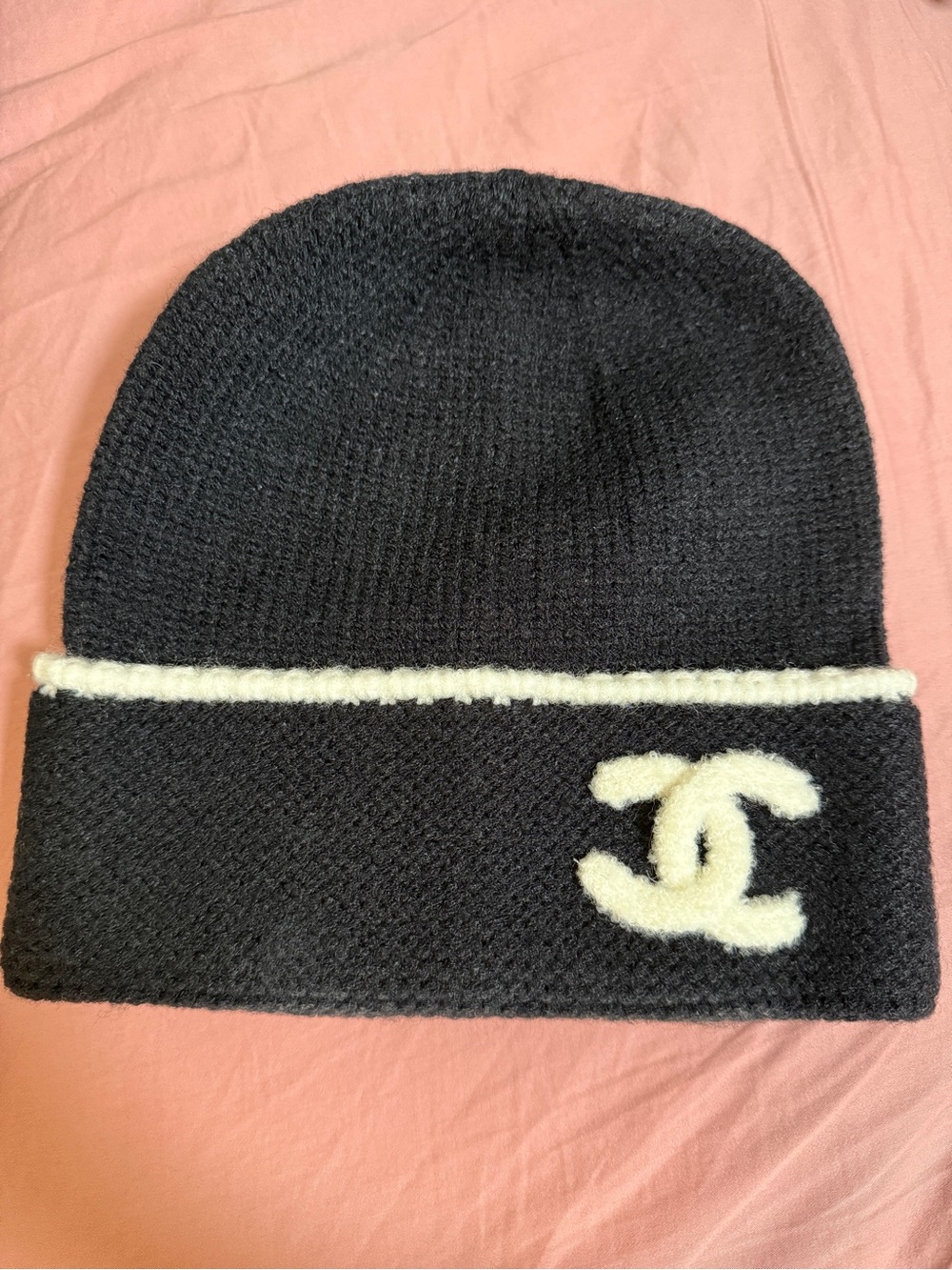 Chanel Iconic Black & Cream Logo Beanie